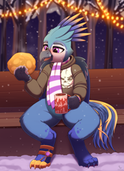 Size: 2368x3272 | Tagged: safe, artist:dinoalpaka, imported from derpibooru, oc, oc only, oc:gavran, griffon, blushing, christmas, clothes, cup, food, griffon oc, holiday, hoodie, male, open mouth, scarf, solo