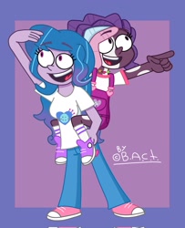 Size: 1660x2048 | Tagged: safe, artist:garybaldor, imported from derpibooru, izzy moonbow, human, equestria girls, clothes, converse, cutie mark, cutie mark on clothes, denim, dreadlocks, duo, duo female, equestria girls-ified, eyebrows, eyebrows visible through hair, female, g5, g5 to equestria girls, g5 to g4, generation leap, jeans, jewelry, necklace, overalls, pants, pointing, shirt, shoes, signature, smiling, sneakers, socks, violette rainbow, vitiligo