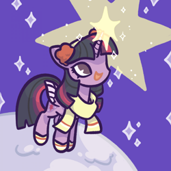 Size: 1920x1920 | Tagged: safe, artist:croustillon, imported from derpibooru, twilight sparkle, alicorn, pony, clothes, female, glowing, glowing horn, horn, mare, open mouth, open smile, scarf, simple background, smiling, solo, stars, tangible heavenly object, twilight sparkle (alicorn), winter outfit