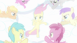 Size: 1280x720 | Tagged: safe, imported from derpibooru, screencap, alula, fluttershy, mango dash, pinkie feather, pluto, rainy feather, ruby pinch, tornado bolt, pony, hurricane fluttershy, female, filly, filly fluttershy, my little pony, younger