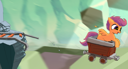 Size: 2182x1184 | Tagged: safe, artist:bobblygobbly, imported from derpibooru, scootaloo, pegasus, pony, fast, minecart, solo