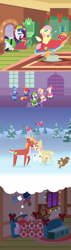 Size: 2160x7560 | Tagged: safe, anonymous artist, imported from derpibooru, big macintosh, fluttershy, rarity, toe-tapper, torch song, bird, deer, earth pony, pegasus, pony, rabbit, reindeer, squirrel, unicorn, series:fm holidays, series:hearth's warming advent calendar 2024, advent calendar, alternate hairstyle, angry, animal, bed, bow, buck, chair, christmas, clothes, coat, conductor's baton, deerified, dentist chair, dentistry, doe, dress, elf costume, elf hat, fake beard, female, floppy ears, flutterdeer, fluttermac, fluttershy's bedroom, fluttershy's cottage, flying, group, hair bow, hat, high res, holiday, hoof hold, horn, in bed, indoors, lineless, looking at each other, looking at someone, male, mare, meme, nuzzling, open mouth, open smile, outdoors, pointy ponies, ponytones, red nose, reindeerified, rudolph the red nosed reindeer, shipping, short mane, singing, sitting, sleeping, smiling, smiling at each other, snow, snowfall, species swap, stallion, straight, thought bubble, trio, why weren't you at elf practice?, winter