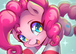 Size: 1323x935 | Tagged: safe, artist:chaosangeldesu, imported from derpibooru, pinkie pie, earth pony, pony, blushing, clothes, cute, female, looking at you, simple background, smiling, smiling at you, socks, solo