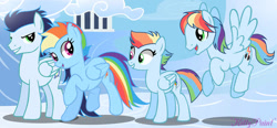 Size: 750x349 | Tagged: safe, artist:kittypaintyt, imported from derpibooru, rainbow dash, soarin', oc, oc:fleeting rainbow, oc:strong rainbow, pegasus, pony, female, male, mare, offspring, parent:rainbow dash, parent:soarin', parents:soarindash, shipping, soarindash, stallion, straight