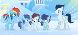 Size: 750x343 | Tagged: safe, artist:pancakeartyt, imported from derpibooru, rainbow dash, soarin', pegasus, pony, blind, blind eye, female, filly, foal, male, mare, offspring, parent:rainbow dash, parent:soarin', parents:soarindash, shipping, soarindash, stallion, straight, triplets