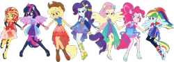 Size: 1583x565 | Tagged: safe, edit, edited screencap, editor:pascalmulokozi2, imported from derpibooru, screencap, applejack, fluttershy, pinkie pie, rainbow dash, rarity, sci-twi, sunset shimmer, twilight sparkle, human, equestria girls, applejack's hat, background removed, clothes, cowboy hat, dress, equestria girls specials, hat, mane six, my little pony equestria girls: better together, my little pony equestria girls: rollercoaster of friendship, not a vector, outfit, outfits, ponied up, rainbow power, simple background, sparkles, transparent background