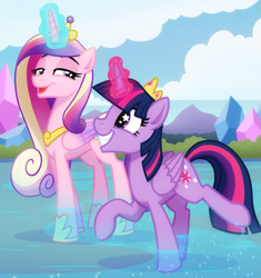 Size: 1733x1841 | Tagged: safe, artist:whitequartztheartist, imported from derpibooru, princess cadance, twilight sparkle, alicorn, pony, comic:the princess of love, crown, female, glowing, glowing horn, grin, hoof shoes, horn, jewelry, looking at each other, looking at someone, magic, mare, open mouth, outdoors, partially submerged, peytral, princess shoes, regalia, smiling, sparkles, standing in water, starry eyes, style test, the princess of love test art, twilight sparkle (alicorn), water, wingding eyes