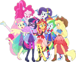 Size: 1265x1031 | Tagged: safe, edit, edited screencap, editor:pascalmulokozi2, imported from derpibooru, screencap, applejack, fluttershy, pinkie pie, rainbow dash, rarity, sci-twi, sunset shimmer, twilight sparkle, human, equestria girls, applejack's hat, boots, clothes, cowboy hat, dress, equestria girls specials, group, group hug, happy, hat, hug, mane six, my little pony equestria girls: forgotten friendship, not a vector, outfit, outfits, ponied up, rainbow power, shoes, simple background, smiling, transparent background