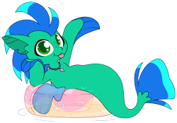 Size: 5465x3806 | Tagged: safe, artist:cutepencilcase, imported from derpibooru, oc, oc only, seapony (g4), :p, commission, donut, dorsal fin, fin, fin ears, fin wings, fins, fish tail, food, inner tube, looking at you, pool toy, simple background, smiling, smiling at you, solo, tail, tongue out, transparent background, wings, ych result