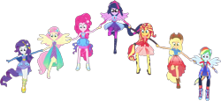 Size: 1987x915 | Tagged: safe, edit, edited screencap, editor:pascalmulokozi2, imported from derpibooru, screencap, applejack, fluttershy, pinkie pie, rainbow dash, rarity, sci-twi, sunset shimmer, twilight sparkle, human, equestria girls, applejack's hat, background removed, boots, clothes, cowboy hat, equestria girls specials, hat, holding hands, mane six, my little pony equestria girls: forgotten friendship, not a vector, outfit, outfits, ponied up, rainbow power, shoes, simple background, transparent background