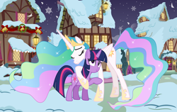 Size: 3040x1922 | Tagged: safe, artist:shieldwingarmorofgod, imported from derpibooru, princess celestia, twilight sparkle, alicorn, duo, duo female, female, holiday, ponyville, snow, twilight sparkle (alicorn)