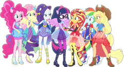 Size: 1540x834 | Tagged: safe, edit, edited screencap, editor:pascalmulokozi2, imported from derpibooru, screencap, applejack, fluttershy, pinkie pie, rainbow dash, rarity, sci-twi, sunset shimmer, twilight sparkle, human, equestria girls, applejack's hat, background removed, clothes, cowboy hat, equestria girls specials, hat, mane six, my little pony equestria girls: forgotten friendship, not a vector, ponied up, rainbow power, simple background, smiling, transparent background, worried