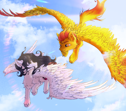 Size: 1970x1740 | Tagged: safe, artist:stoopf, imported from derpibooru, oc, oc only, oc:dexstar, oc:dream weaver, pegasus, angelic wings, chest fluff, cloud, duo, flying, large wings, lens flare, looking at each other, looking at someone, male, sky, stallion, sun, wings