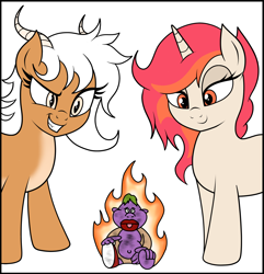 Size: 1444x1500 | Tagged: safe, artist:vomitvomiting, imported from twibooru, oc, oc only, oc:cookie kiln, oc:piping hot, dracony, dragon, hybrid, pony, unicorn, baby, baby troll, burning, female, fire, image, lidded eyes, mare, pale belly, png, simple background, white background