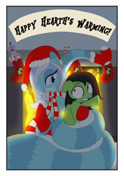 Size: 2000x2828 | Tagged: safe, imported from derpibooru, oc, oc only, oc:filly anon, oc:icicle slither, lamia, original species, christmas, christmas card, clothes, coils, female, filly, fireplace, hat, hearth's warming eve, holiday, santa hat, socks, stockings, thigh highs