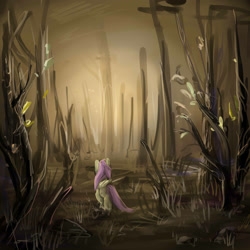 Size: 3000x3000 | Tagged: safe, artist:katemaximova, imported from derpibooru, fluttershy, pegasus, pony, dark, female, folded wings, forest, mare, nature, outdoors, scenery, solo, tree, wings