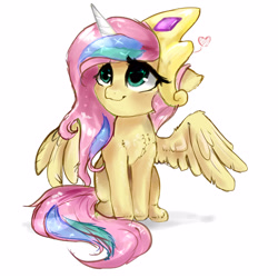 Size: 3000x3000 | Tagged: safe, artist:katemaximova, artist:upbeatderpness, imported from derpibooru, fluttershy, pegasus, pony, testing testing 1-2-3, blushing, chest fluff, clothes, cosplay, costume, cute, daaaaaaaaaaaw, fake horn, female, heart, hnnng, implied princess celestia, jewelry, mare, my little pony, shyabetes, shylestia, simple background, sitting, smiling, solo, spread wings, tiara, white background, wings