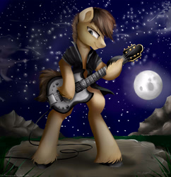 Size: 3000x3100 | Tagged: safe, artist:katemaximova, imported from derpibooru, oc, oc only, earth pony, semi-anthro, arm hooves, bipedal, clothes, electric guitar, guitar, high res, hoof hold, male, moon, musical instrument, night, outdoors, solo, stallion, unshorn fetlocks