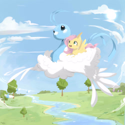 Size: 3000x3000 | Tagged: safe, artist:katemaximova, imported from derpibooru, fluttershy, altaria, pegasus, pony, cloud, crossover, flying, grass, lying down, lying on a cloud, on a cloud, open mouth, outdoors, pokémon, prone, river, sky, spread wings, sun, tree, water, wings