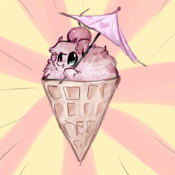 Size: 3000x3000 | Tagged: safe, artist:katemaximova, imported from derpibooru, oc, oc only, oc:fluffle puff, pony, abstract background, cherry, female, food, ice cream, ice cream cone, smiling, solo, sunburst background, umbrella