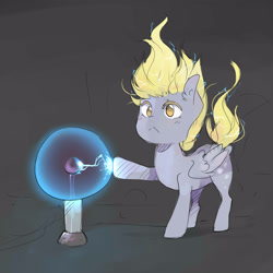 Size: 3000x3000 | Tagged: safe, artist:katemaximova, imported from derpibooru, derpy hooves, pegasus, pony, slice of life (episode), :<, black background, cute, derpabetes, ear fluff, electricity, female, frown, mare, my little pony, plasma ball, scene interpretation, simple background, solo, static, wings