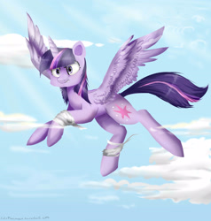 Size: 2000x2100 | Tagged: safe, artist:katemaximova, imported from derpibooru, twilight sparkle, alicorn, pony, bandage, female, flying, horn, mare, outdoors, sky, solo, spread wings, twilight sparkle (alicorn), wings