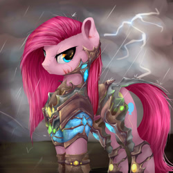 Size: 3000x3000 | Tagged: safe, artist:katemaximova, imported from derpibooru, pinkie pie, earth pony, pony, armor, badass, cut, female, lightning, mare, pinkamena diane pie, rain, solo