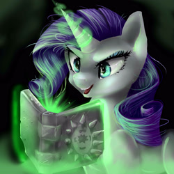 Size: 3000x3000 | Tagged: safe, artist:katemaximova, imported from derpibooru, rarity, pony, unicorn, book, dark magic, female, glowing, glowing horn, horn, inspirarity, magic, magic aura, mare, open mouth, possessed, possession, reading, solo