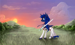 Size: 3000x1800 | Tagged: safe, artist:katemaximova, imported from derpibooru, princess luna, alicorn, pony, alternate hairstyle, clothes, cloud, cosplay, costume, crossover, female, folded wings, grass, mare, outdoors, sky, solo, sun, sword, sword art online, weapon, wings, yuuki asuna