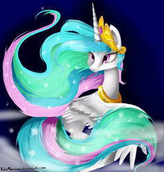 Size: 2000x2100 | Tagged: safe, artist:katemaximova, imported from derpibooru, princess celestia, alicorn, pony, crown, female, horn, jewelry, mare, peytral, regalia, solo, windswept mane, wings