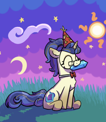 Size: 614x706 | Tagged: artist needed, safe, imported from derpibooru, oc, oc only, oc:shimmer shell, crystal pony, pony, unicorn, blue mane, bowtie, eyes closed, glasses, hat, horn, night, party hat, solo, stars, tan fur