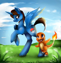 Size: 3000x3100 | Tagged: safe, artist:katemaximova, imported from derpibooru, oc, oc only, alicorn, charmander, pony, cloud, grass, high res, horn, outdoors, pokémon, sky, spread wings, wings