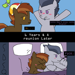 Size: 2048x2048 | Tagged: safe, artist:sdsq, derpibooru exclusive, imported from derpibooru, button mash, rumble, earth pony, pegasus, pony, bed, blushing, colt, cuddling, denial's not just a river in egypt, duo, duo male, foal, gay, male, rumblemash, shipping, stallion