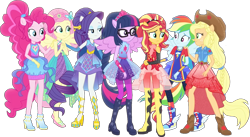 Size: 1533x843 | Tagged: safe, edit, edited screencap, editor:pascalmulokozi2, imported from derpibooru, screencap, applejack, fluttershy, pinkie pie, rainbow dash, rarity, sci-twi, sunset shimmer, twilight sparkle, human, equestria girls, applejack's hat, background removed, boots, clothes, cowboy hat, equestria girls specials, hat, humane five, humane seven, humane six, magical geodes, my little pony equestria girls: forgotten friendship, not a vector, outfit, outfits, ponied up, shoes, simple background, transparent background