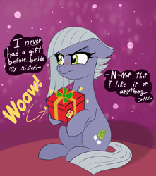 Size: 1700x1924 | Tagged: safe, artist:local sugar provider, derpibooru exclusive, imported from derpibooru, limestone pie, earth pony, pony, blush lines, blushing, cute, denial, female, flustered, frown, gift wrapped, hearth's warming eve, limabetes, limetsun pie, looking away, mare, present, scrunchy face, solo, solo female, sparkles, speech bubble, talking, talking to viewer, text, tsundere