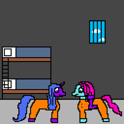 Size: 1024x1024 | Tagged: safe, artist:yujinevrean, imported from derpibooru, izzy moonbow, earth pony, unicorn, bed, bunk bed, clothes, cloud, digital art, duo, female, g5, horn, jail, jail cell, jazz has no ears, jazz hooves, jumpsuit, mare, never doubt rainbowdash69's involvement, no ears, pillow, pixel art, prison, prison outfit