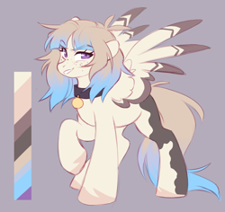 Size: 2048x1930 | Tagged: safe, artist:cheekipone, oc, oc only, oc:mesmerizing rain, pegasus, pony, coat markings, collar, color palette, dog tags, eyebrows visible through hair, female, floppy ears, freckles, gray background, mare, pegasus oc, pegasus wings, raised eyebrow, raised hoof, reference sheet, simple background, smiling, solo, spread wings, standing, two toned wings, unshorn fetlocks, wings