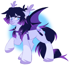 Size: 2048x1854 | Tagged: safe, artist:cheekipone, oc, oc only, oc:kerosene soot, bat pony, pony, bat pony oc, bat wings, cross, ear piercing, ear tufts, earring, eyebrows visible through hair, eyeshadow, fangs, female, floppy ears, gradient background, harness, jewelry, makeup, mare, piercing, raised hoof, smiling, socks (coat markings), solo, spread wings, standing, standing on two hooves, tack, unshorn fetlocks, wings