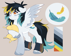 Size: 2048x1613 | Tagged: safe, alternate version, artist:cheekipone, oc, oc only, oc:feather fall, pegasus, pony, bags under eyes, brown background, coat markings, color palette, cutie mark, female, floppy ears, hug, leg warmers, mare, pegasus oc, pillow, pillow hug, reference sheet, sad, simple background, solo, spread wings, standing, standing on three hooves, three toned mane, three toned tail, three toned wings, unshorn fetlocks, wings