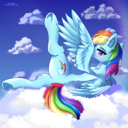 Size: 3000x3000 | Tagged: safe, artist:divori, imported from derpibooru, rainbow dash, pegasus, pony, cloud, female, looking at you, lying, mare, raised hoof, solo, solo female, spread wings, wings