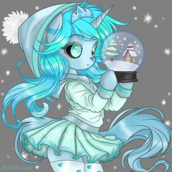 Size: 1024x1024 | Tagged: safe, artist:ella_starshade, imported from derpibooru, oc, oc:eliza snowglobe, unicorn, clothes, crown, horn, jewelry, regalia, simple background, snow, snow globe, socks, tiara, winter