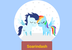 Size: 3553x2499 | Tagged: safe, anonymous artist, derpibooru exclusive, imported from derpibooru, rainbow dash, soarin', pegasus, pony, series:soarindash hearth's warming, series:soarindash romantic tales, christmas, eyes closed, female, hearth's warming, holiday, male, mare, pointy ponies, shipping, smiling, snow globe, soarindash, stallion, straight