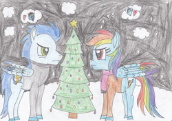 Size: 750x529 | Tagged: safe, artist:thepegasuseffect, imported from derpibooru, rainbow dash, soarin', pegasus, pony, christmas, christmas tree, female, holiday, male, mare, shipping, soarindash, stallion, straight, traditional art, tree