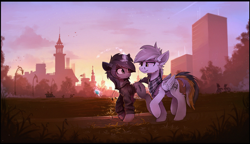 Size: 2453x1415 | Tagged: safe, artist:ramiras, imported from derpibooru, oc, oc only, oc:kate, oc:kej, pegasus, pony, unicorn, bandana, city, clothes, commission, couple, duo, duo male and female, female, folded wings, glowing, glowing horn, horn, k+k, levitation, looking at each other, looking at someone, magic, magic aura, male, mare, oc x oc, outdoors, park, scenery, shipping, smiling, smiling at each other, stallion, straight, sunset, sweater, telekinesis, wings