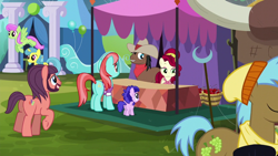 Size: 1280x720 | Tagged: safe, imported from derpibooru, screencap, cherry jubilee, full steam, lemon hearts, merry may, neigh sayer, northern song, plumberry, promontory, strawberry ice, pony, party pooped, george harrison, my little pony, ponified, ponyville