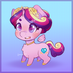 Size: 1080x1080 | Tagged: safe, artist:larizzart, imported from derpibooru, princess cadance, alicorn, pony, alternate hairstyle, blushing, chest fluff, chibi, cute, cutedance, female, floating wings, mare, open mouth, open smile, smiling, solo, wings