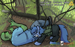 Size: 606x384 | Tagged: safe, artist:plunger, oc, oc only, oc:anon, earth pony, human, pony, biting, camera shot, clothes, detailed background, earth pony oc, female, fence, glasses, grass, jeans, lying down, mare, pants, pony oc, screaming, shirt, shoes, t-shirt, text, vest