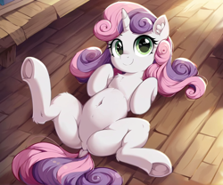 Size: 1200x1000 | Tagged: safe, imported from twibooru, sweetie belle, pony, unicorn, ai content, ai generated, belly button, chest fluff, dock, ear fluff, female, filly, image, indoors, looking at you, nudity, on back, png, smiling, solo, spread legs, spreading, underhoof