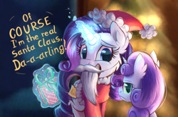 Size: 3200x2100 | Tagged: safe, artist:candy meow, imported from derpibooru, rarity, sweetie belle, pony, unicorn, awkward smile, cheek fluff, christmas, christmas tree, clothes, coat, costume, duo, ear fluff, fake beard, female, filly, foal, garland, hat, holiday, horn, looking at someone, looking at you, looking back, looking back at you, magic, mare, present, santa beard, santa claus, santa coat, santa costume, santa hat, smiling, sticky note, sweetie belle is not amused, telekinesis, text, tree, unamused