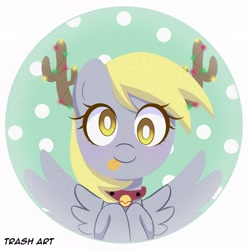 Size: 2028x2048 | Tagged: safe, artist:eltrash_art6, imported from derpibooru, derpy hooves, pegasus, pony, :p, bell, bell collar, christmas, christmas lights, collar, cute, derpabetes, fake antlers, female, hairband, holiday, icon, mare, snow, solo, tongue out